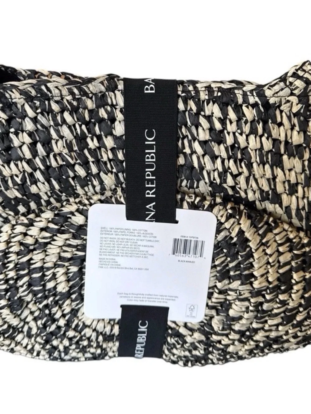 Banana Republic Raffia Tote Bag Black/Ivory Magnetic Closure Lined, Pockets